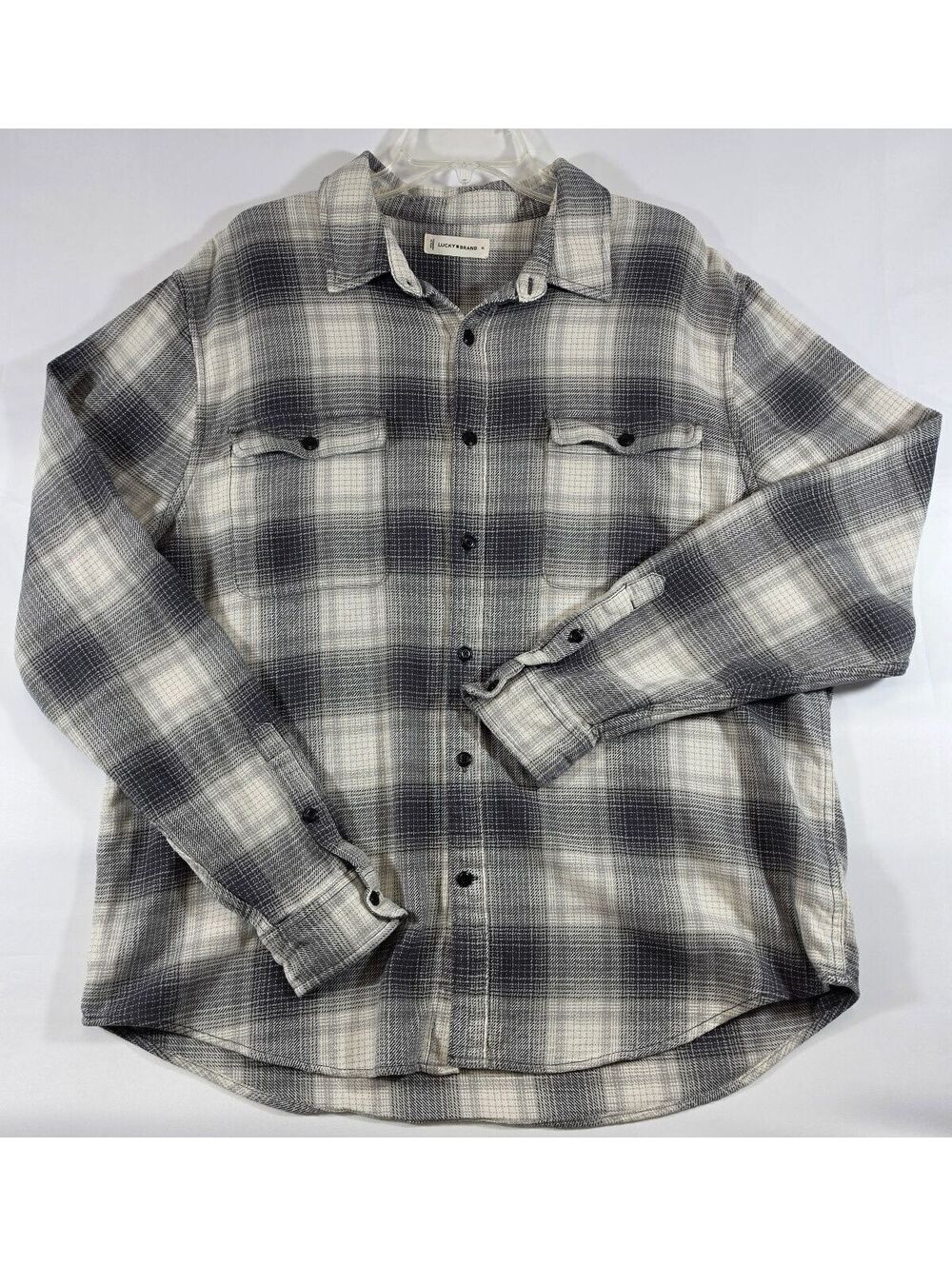 Lucky Brand Men's XL Black and White Plaid Button-Up Shirt 100% Cotton